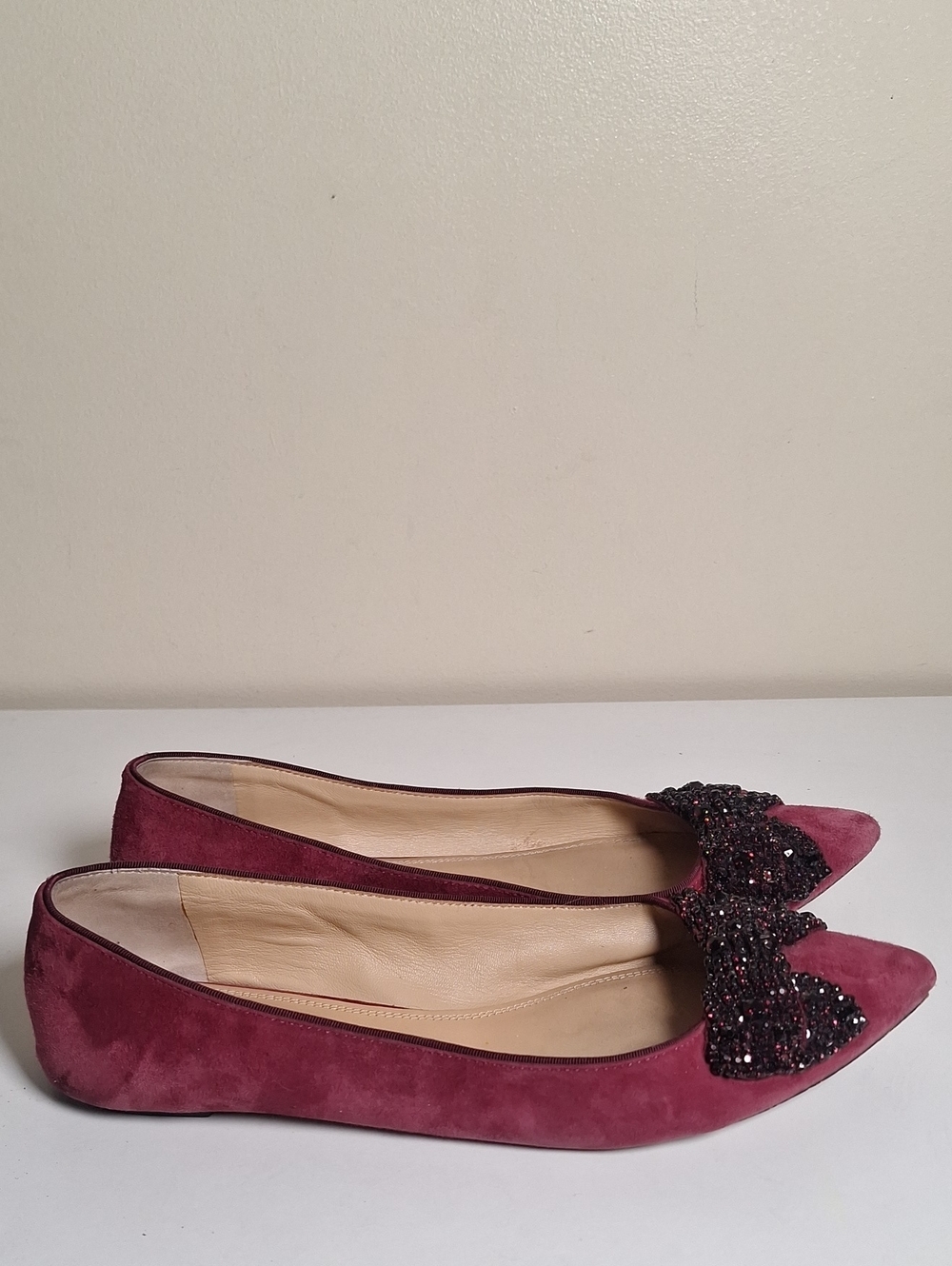 Tory Burch Suede Beaded Crystal Bow Pointed Toe Ballet Flats Size 10.5